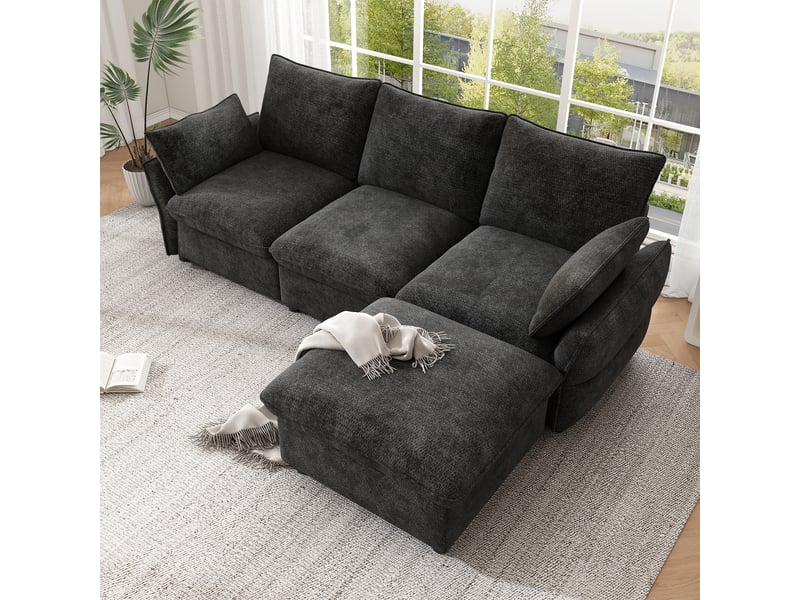  Canapé d’angle 3 places 222,5x154,5x76,5 cm avec ottomane et 1 pouf, pour salon et appartement, chenille, gris foncé Sol Morn - Conforama E
