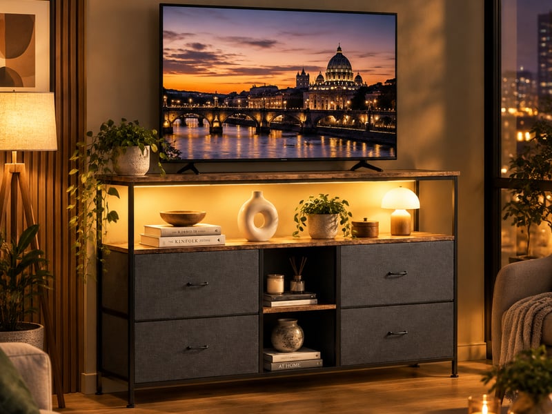  Meuble tv 108 cm avec lumières led, banc tv support télé console tv avec avec 4 tiroirs et 3 étagères de rangement, noir  - Conforama B
