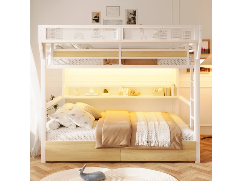 Lit superposé enfant 140x200 cm en métal avec étagère, panier de rangement, 2 tiroirs, led, barrière de sécurité et rangement intégré - blanc - Conforama D