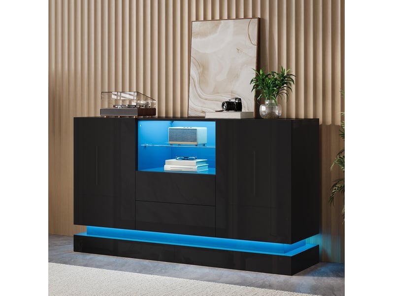  Buffet bas 140x40x84 cm, 2 portes, 2 tiroirs, éclairage led contrôlable par application, panneau de particules, noir  - Conforama E