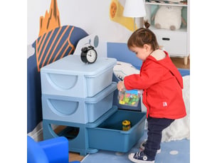 Tour de rangement enfant 3 tiroirs, rangement jouets dès 3 ans, bords arrondis, poignées. Chambre enfant, 37 x 37 x 56,5 cm, bleu.