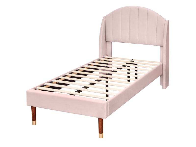  Lit rembourré 90 x 200 cm avec sommier à lattes et tête de lit, lit enfant, lit simple, support à lattes en bois, montage facile, velours, rose  - Conforama E