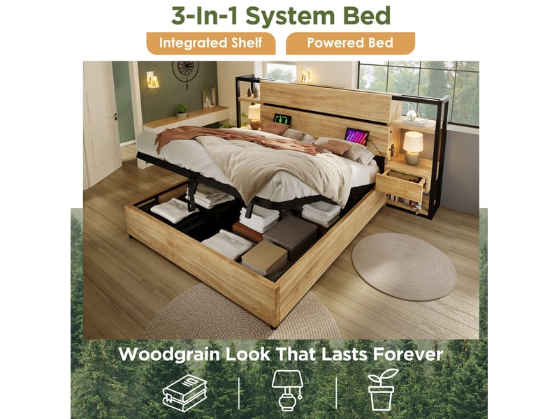  Lit coffre double 160 × 200 cm 2 places avec 2 tiroirs, usb, type-c et matelas inclus, en mdf et métal chêne  - Conforama E