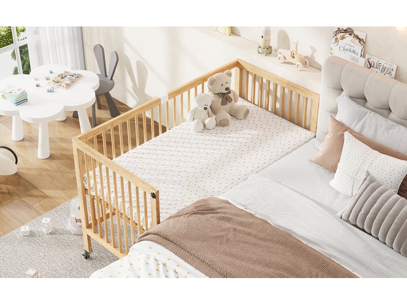  Lit bébé évolutif convertible 70 x 140 x 95 cm naturel bois de pin 4 hauteurs réglables barrière rabattable roues verrouillables evarich - Conforama E