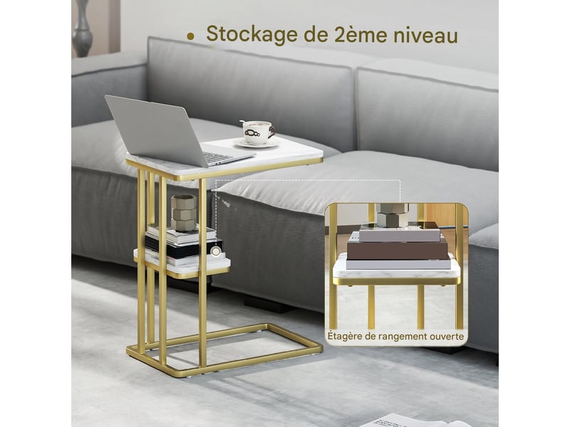  Table d'appoint en c 2 niveaux effet marbre blanc et acier doré 50 x 30 x 57,5 cm  - Conforama E
