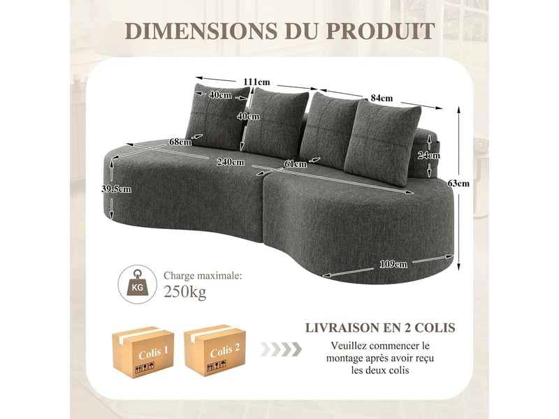  Canapé 3 places en lin gris foncé avec 4 coussins 240 cm porte-gobelet et poches latérales  - Conforama C