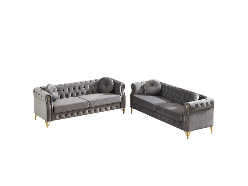 Canapé 3+3 places en velours gris avec pieds en métal dorés - Conforama A