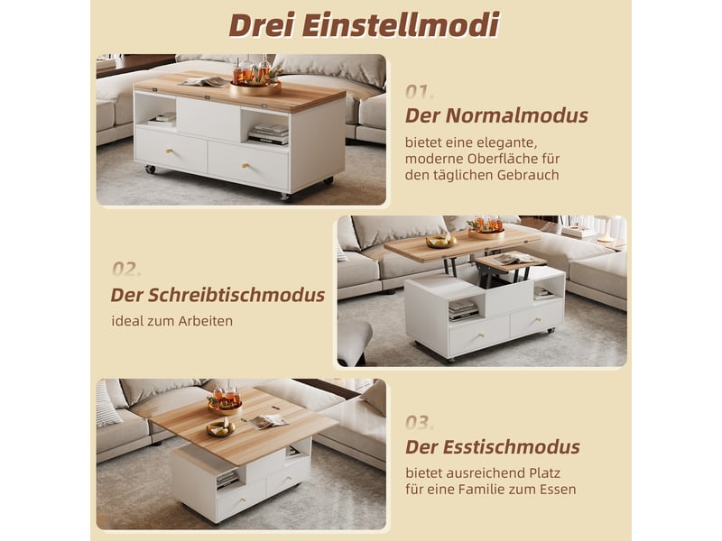  Table basse relevable et extensible 100x50 cm avec 4 tiroirs et roulettes bois et blanc  - Conforama E