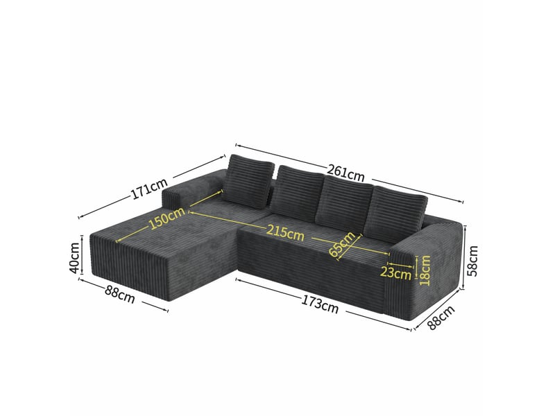 Canapé d'angle modulaire 4 places avec méridienne à droite et assise profonde en velours côtelé gris - Conforama C