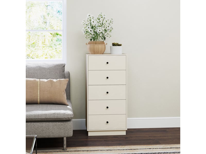  Commode 5 tiroirs, meuble de rangement haut et étroit, style moderne pour chambre à coucher, crème, salon - 47x29x95cm  - Conforama W