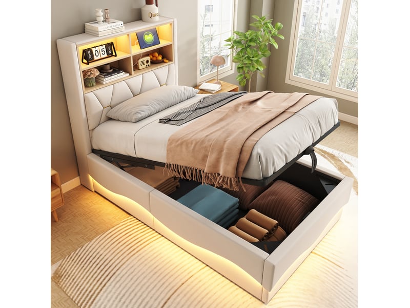  Lit coffre tcqpz 90 x 200 cm led app usb en tissu beige structure métal  - Conforama B