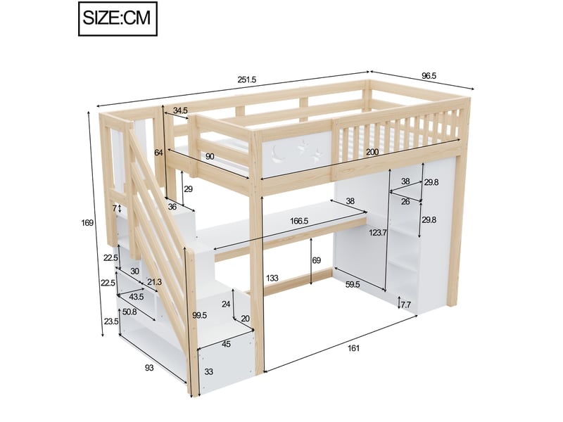 Lit mezzanine 90x200 cm avec bureau, led et prises, pour chambre, en bois et mdf, blanc et bois naturel, sans matelas - Conforama C