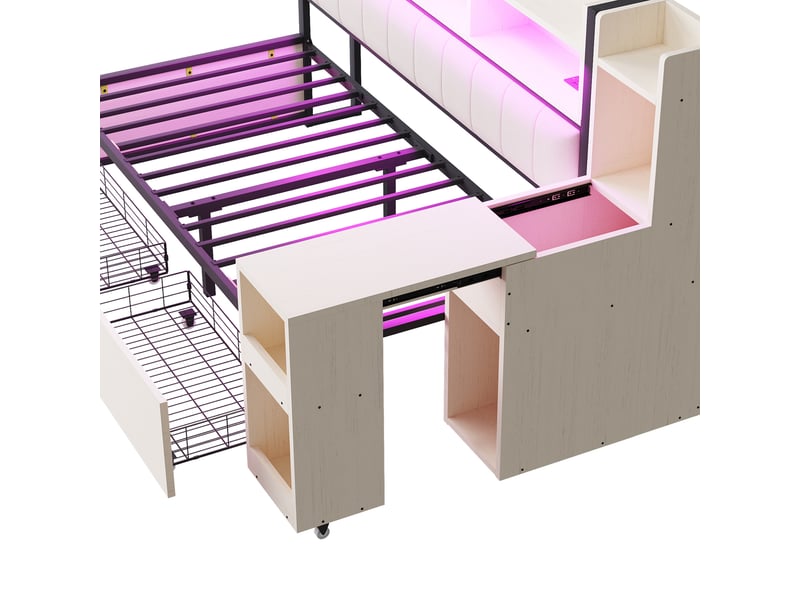  Lit simple 90x200 cm avec bureau amovible et armoires, blanc, sans matelas  - Conforama E