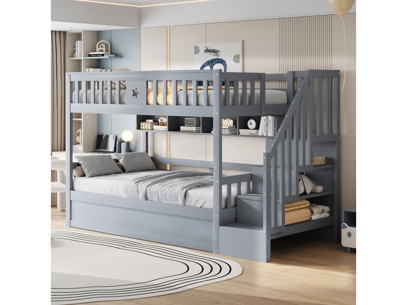 Lit superposé enfant 2 places 90x200 cm avec rangement hydraulique sous lit, escalier de rangement, étagères, garde-corps, pin massif gris - Conforama C