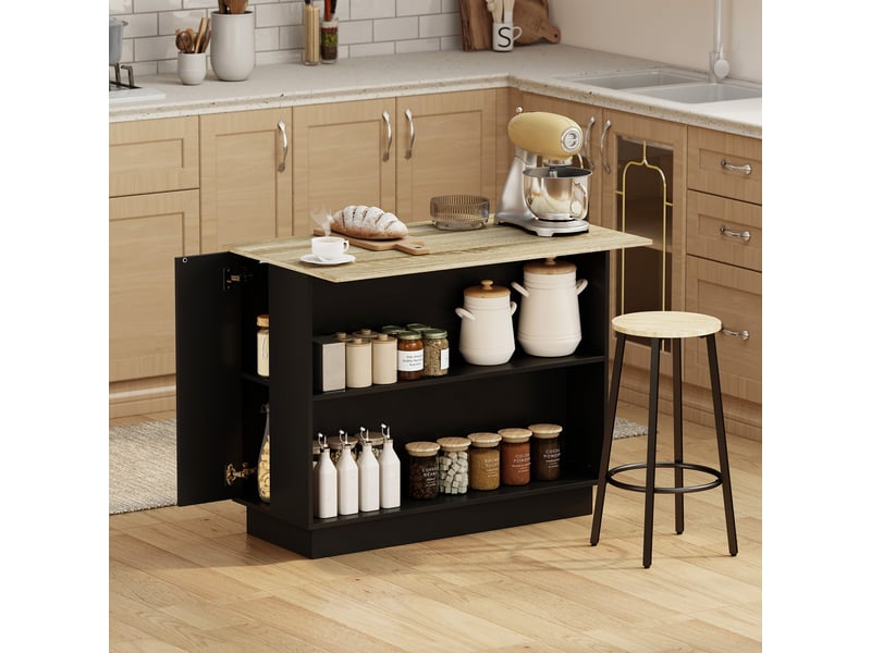  Desserte îlot de cuisine étagère réglable 2 compartiments ouverts 2 placards plan de travail effet bois noir 105 x 60 cm  - Conforama D