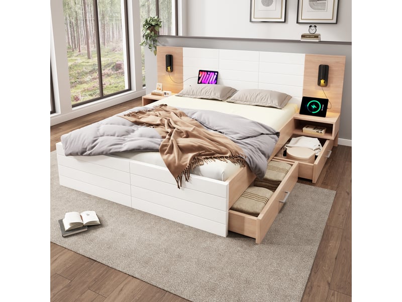  Lit 2 places en bois 140x200 cm-lit avec rangement-2 tiroirs et 2 chevets-liseuse 360° avec usb-sommier à lattes-blanc chêne clair  - Conforama A