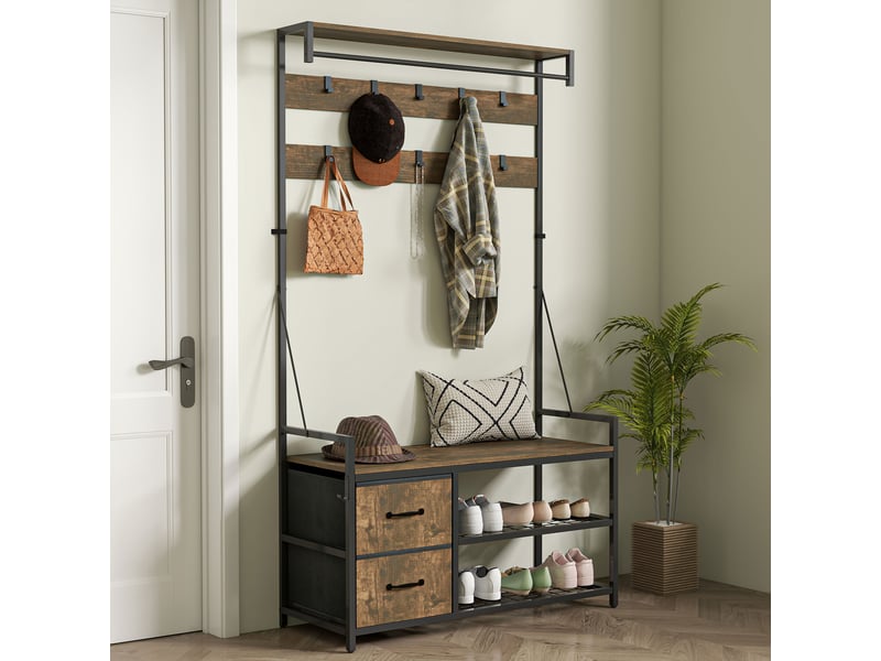  Porte-manteau 6 en 1 avec étagère à chaussures, style industriel, 10 crochets, 2 tiroirs en tissu, métal, marron  - Conforama D