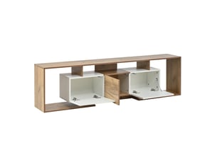Meuble tv 180 cm blanc et bois naturel pour écran jusqu'à 85 pouces - 6 rangements
