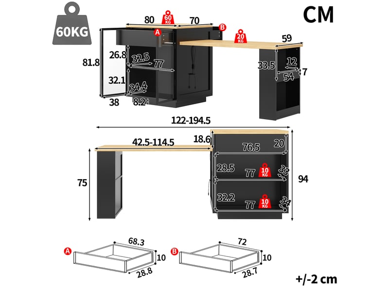 Îlot de cuisine 122x70x94 cm - éclairage led - usb et usb-c - grand rangement - étagères réglables - portes vitrées - avec tiroirs - noir CozyNest - Conforama D