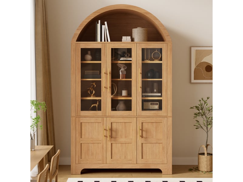 Buffet haut moderne 110x40x185 cm avec niche ouverte en arc, 3 portes vitrées, tablettes réglables, en mdf, naturel - Conforama B