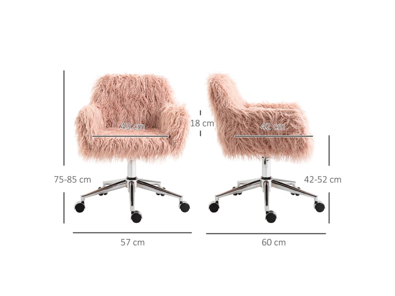  Chaise de bureau réglable rose en fausse fourrure, base métal argenté et roulettes 360°, confortable au quotidien  - Conforama C