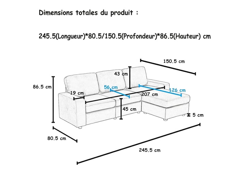  Canapé d'angle multifonction avec rangement 245,5 cm 3 places méridienne réversible  - Conforama C