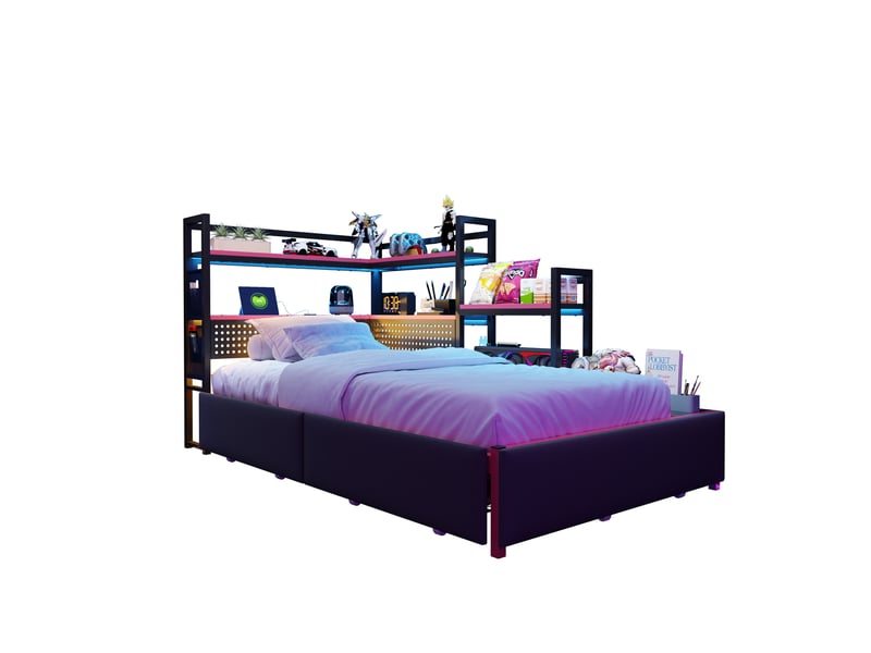  Lit plateforme en métal style gaming avec 3 tiroirs, éclairage led, ports usb, panneau perforé et rangements latéraux noir  - Conforama A