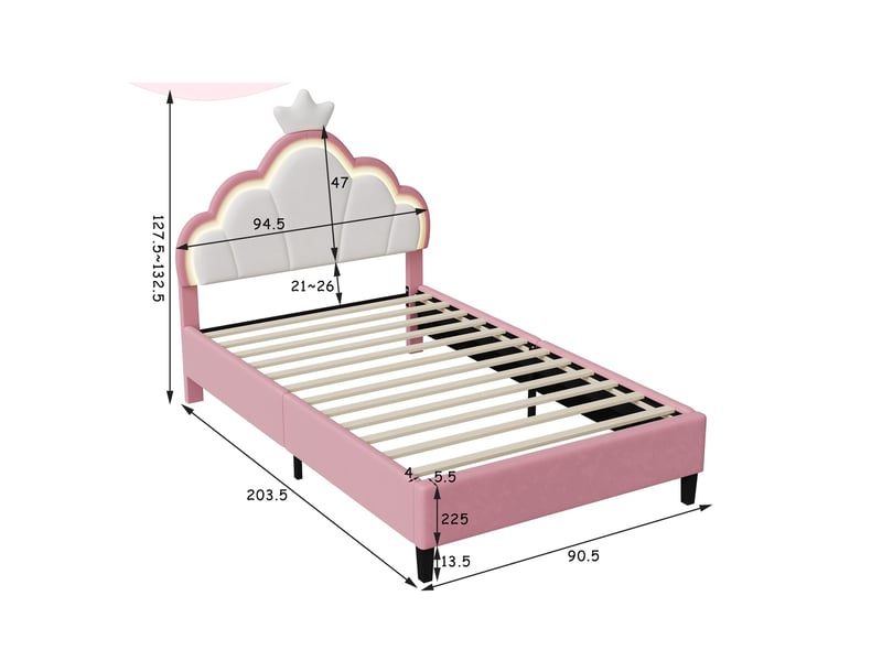  Lit enfantadolescent princesse avec tête de lit couronne &amp; led - 90x200 cm - rose &amp; velours blanc  - Conforama E
