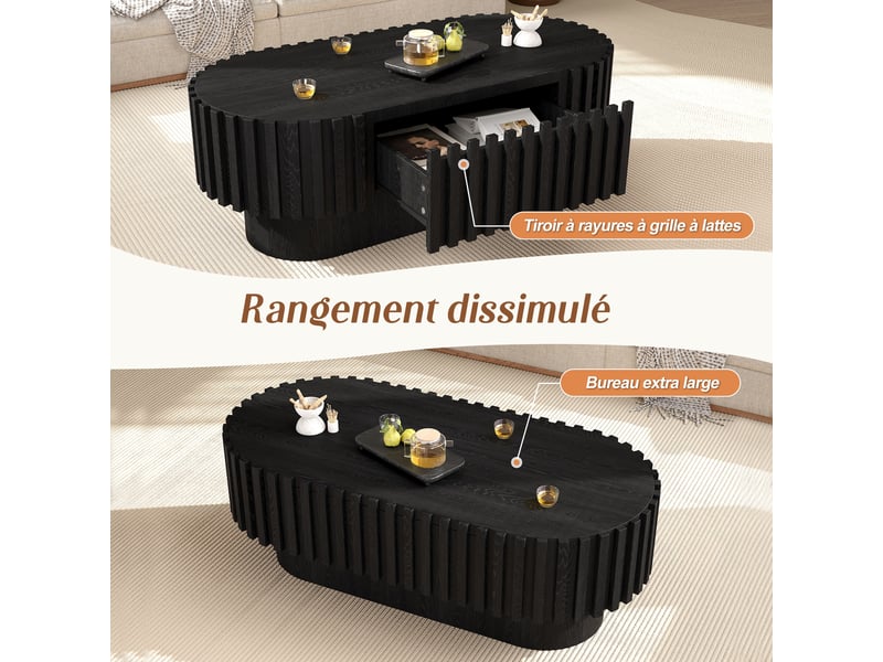  Table basse ovale 100 x 50 x 35,5 cm avec tiroir de rangement, décor à lattes verticales, plateau en mdf, noir  - Conforama D