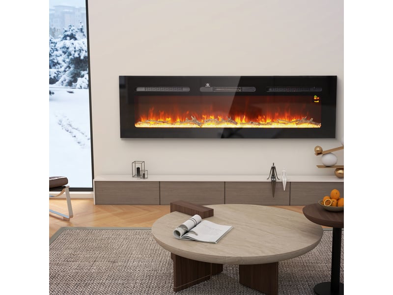 Cheminée électrique murale 1800 w, encastrable, acier noir et verre trempé - Conforama C