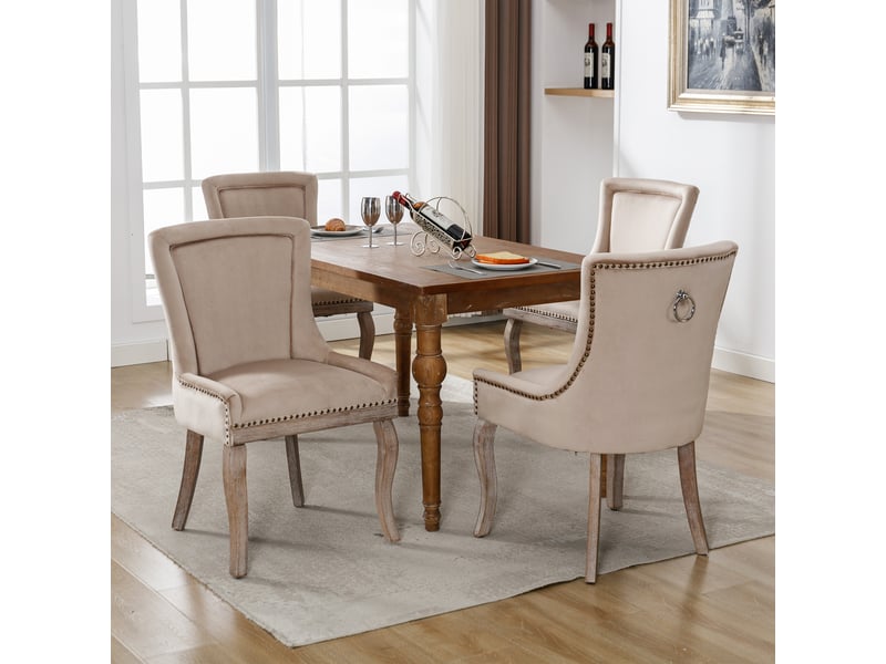  Chaises salle à manger luxe lot de 4, velours beige, clous décoratifs, pieds bois massif  - Conforama B