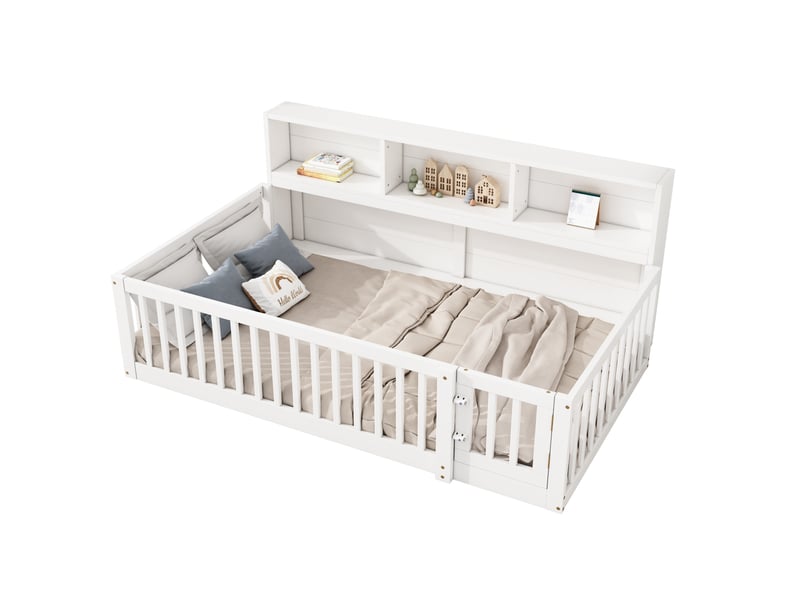  Lit simple enfant 90x200 cm avec rangements et barrières blanc  - Conforama A