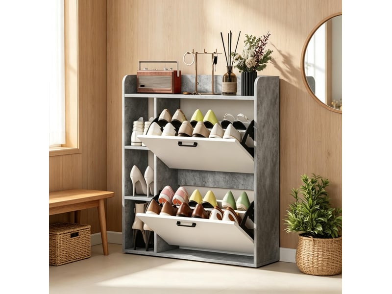  Meuble à chaussures avec 2 abattants, 3 niches et étagères réglables pour entrée, gris et blanc, 83 × 24 × 90,5 cm  - Conforama C