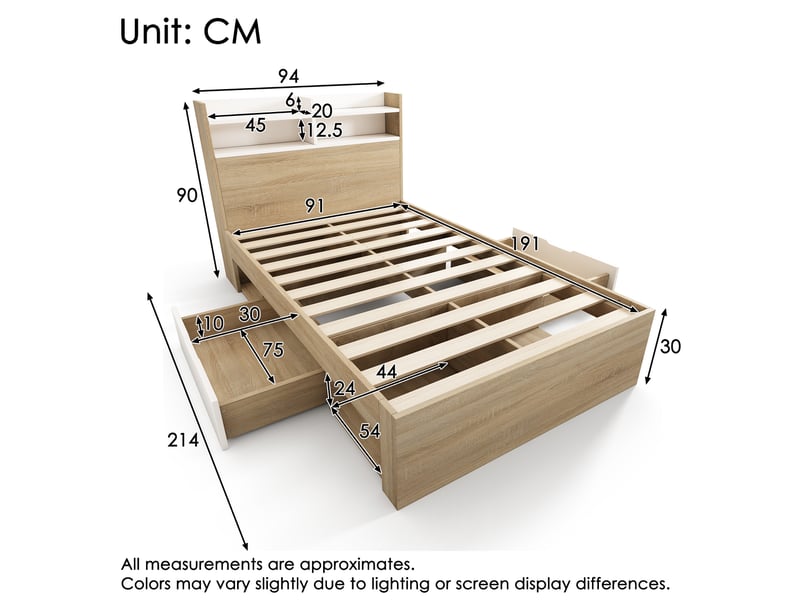  Lit enfant 90x190 cm, avec rangements tiroirs et niches, panneaux de particules et bois, chêne et blanc, sans matelas  - Conforama C
