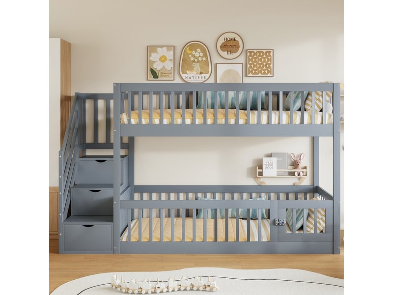  Lit superposé 90x200cm avec escalier de sécurité tiroirs rangement bois gris pour enfant adolescent  - Conforama E