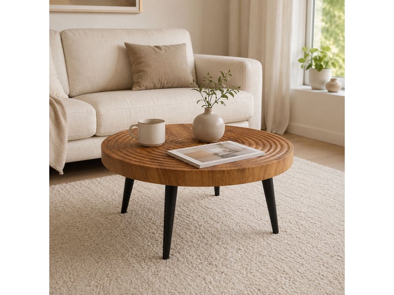 Table basse ronde brun en 3d surface texturée avec pieds en métal pour petit espace - Conforama D