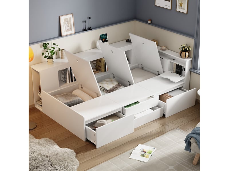  Lit simple enfant 90x200 cm – blanc – 4 tiroirs, bibliothèque et rangements intégrés - sans matelas  - Conforama B
