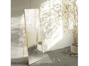 Miroir pleine longueur 150x40 cm, cadre aluminium doré, pied stable réglable, pour salon ou chambre, pose libre, doré