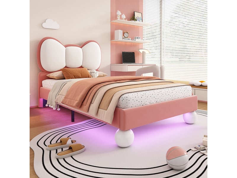  Lit simple rembourré 90x200cm coloris rose velours led lit enfant rose - Conforama E
