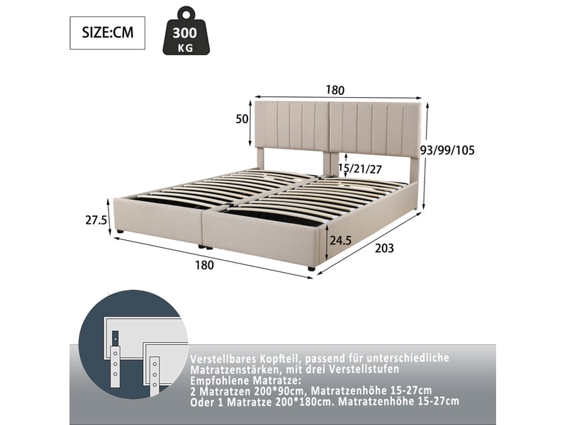  Lit coffre tcqpz 180 x 200 cm beige convertible en deux lits 90 cm avec rangement hydraulique tête de lit réglable  - Conforama C