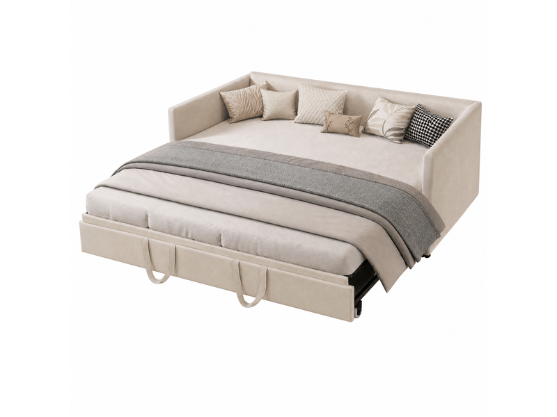  Canapé-lit 90/180 x 200 cm, lit de jour convertible pour 2 adultes, lit rembourré avec lit d'appoint coulissant et sommier à lattes, convertible en lit double, velours, beige, sans matelas  - Conforama A