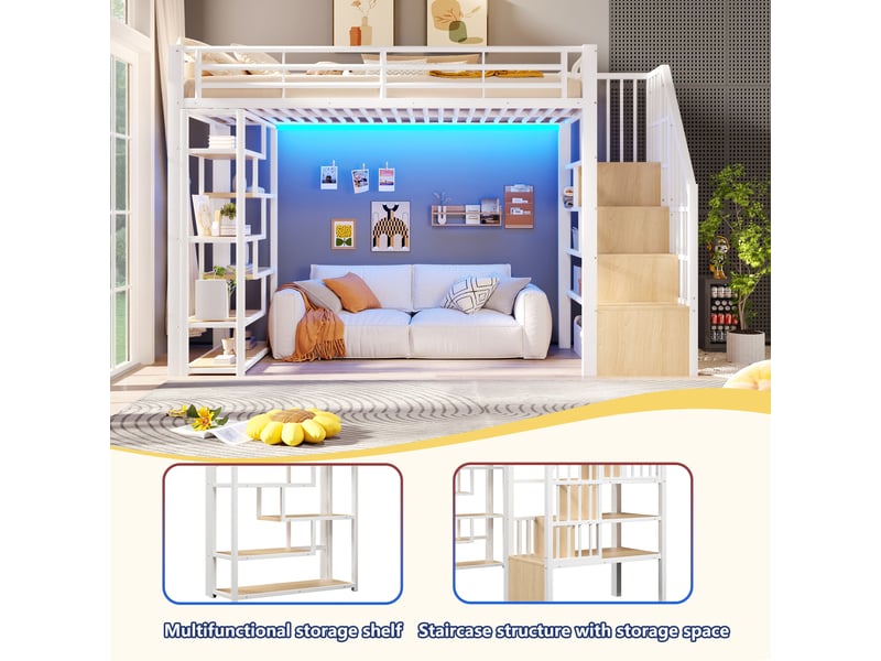  Lit mezzanine, 90 × 200 cm, blanc, métal, led, étagères, barrières, marches, échelle, espace ouvert dessous, sans matelas  - Conforama D