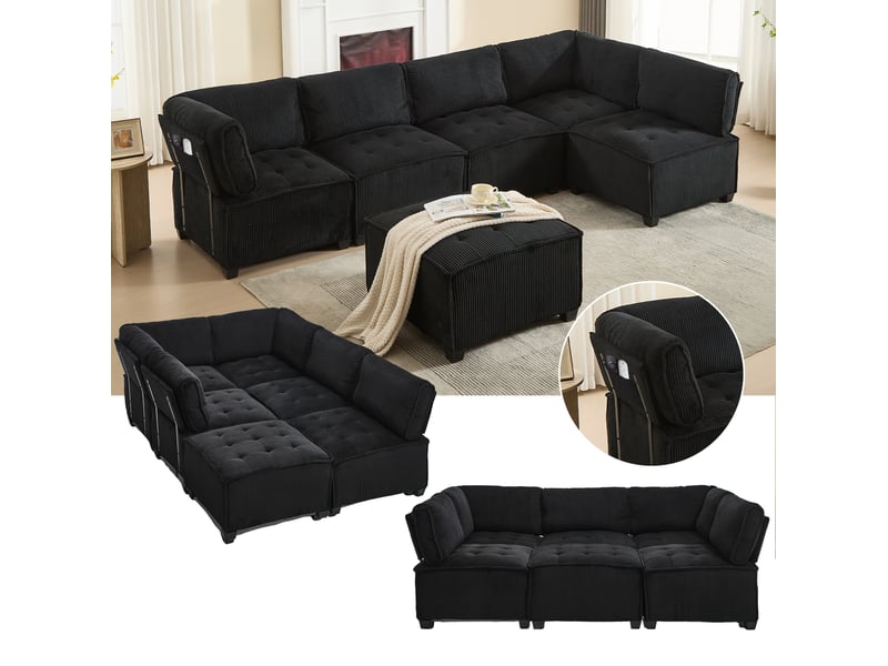 Canapé modulable tcqpz 6 places 308 x 154 x 82 cm convertible velours côtelé noir - Conforama E