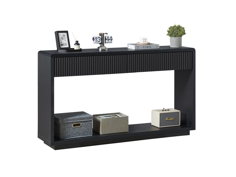  Console d'entrée 150 x 35 x 85 cm – noir – 2 tiroirs, rangement ouvert et design cannelé moderne et pratique  - Conforama A