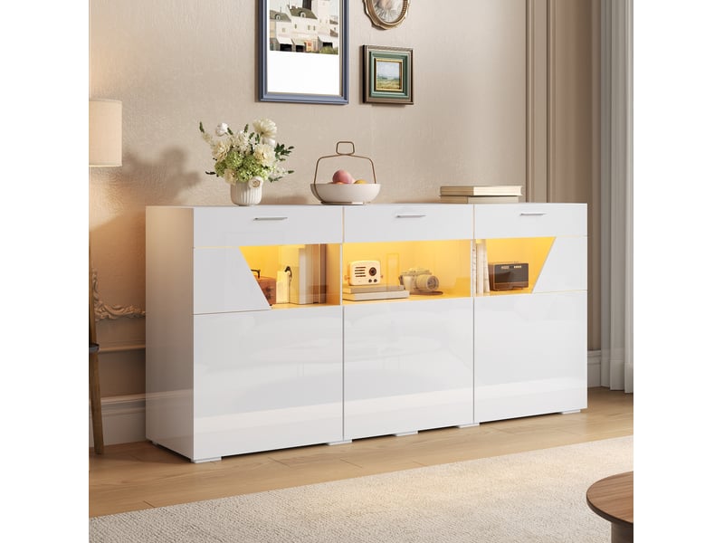  Buffet 160x38x78 cm à 3 portes, éclairage led contrôlé par application, panneau de particules blanc  - Conforama B