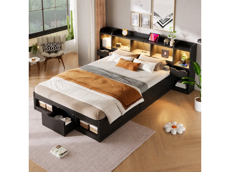 Lit plateforme 140 x 200 cm avec rangement, tête de lit bibliothèque, led réglable et prise usb, noir - Conforama D