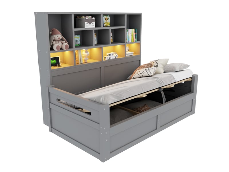  Lit coffre multifonctionnel modenvie 90 x 200 cm avec rangement, éclairage led et prises, gris  - Conforama A
