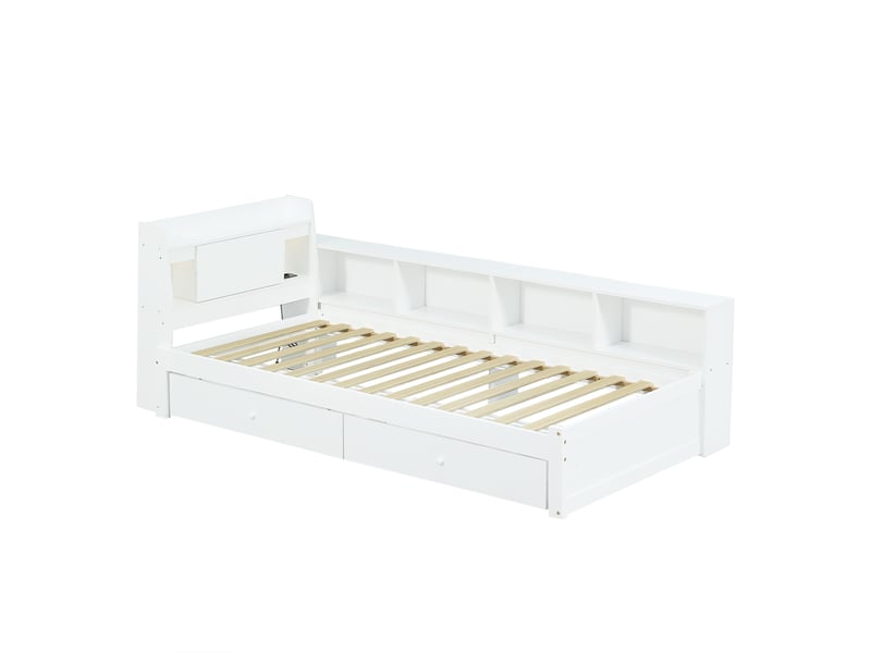 Lit avec rangements et recharge - 90x200cm - 2 tiroirs sous le lit, rangements latéraux et 2 lampes - avec sommier à lattes - blanc - Conforama A