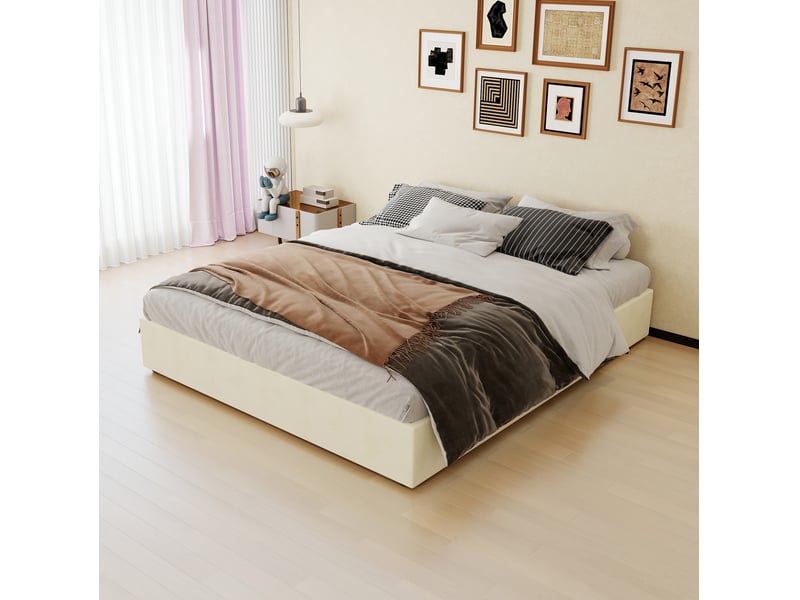 Sommier coffre 160x200 cm avec matelas, velours beige  - Conforama E
