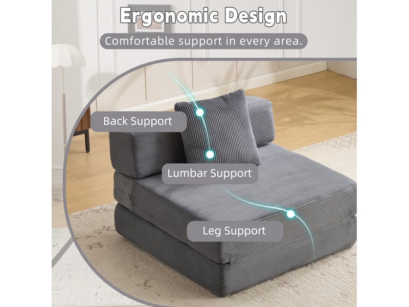  Canapé de sol convertible 92,5x92,5x60 cm velours côtelé gris foncé  - Conforama D